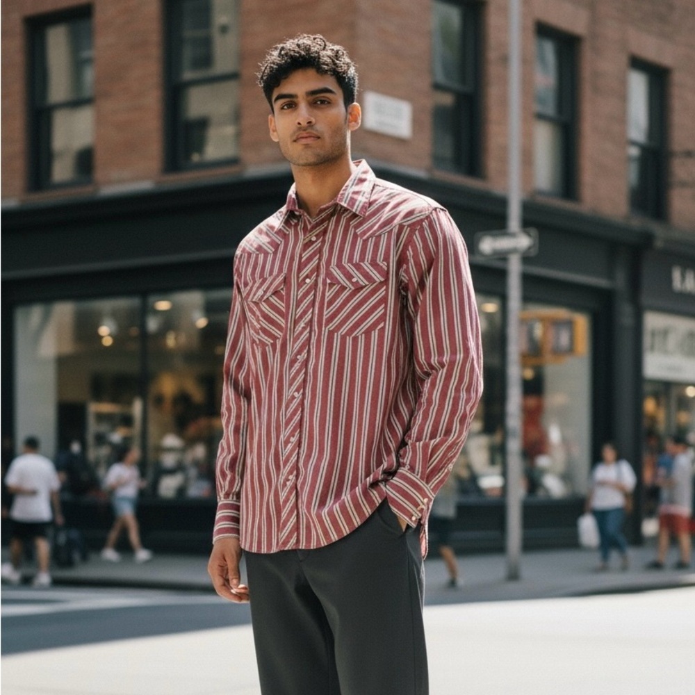Wrangler Striped Red/White Western style Shirt-Pearl Snap Buttons-Size XL